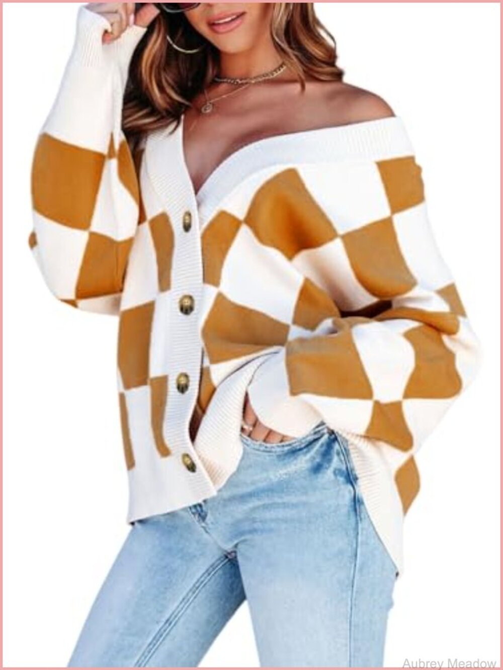 Women's V-Neck Cable Knit Plaid Cardigan Long Sleeve Button Down Oversized